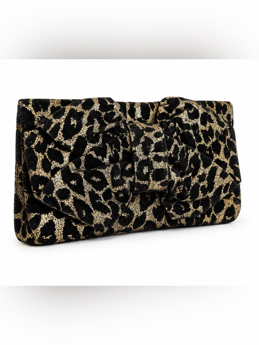 Betsey Johnson Leopard Print Bow Clutch Evening Bag Black Gold Pink Lining